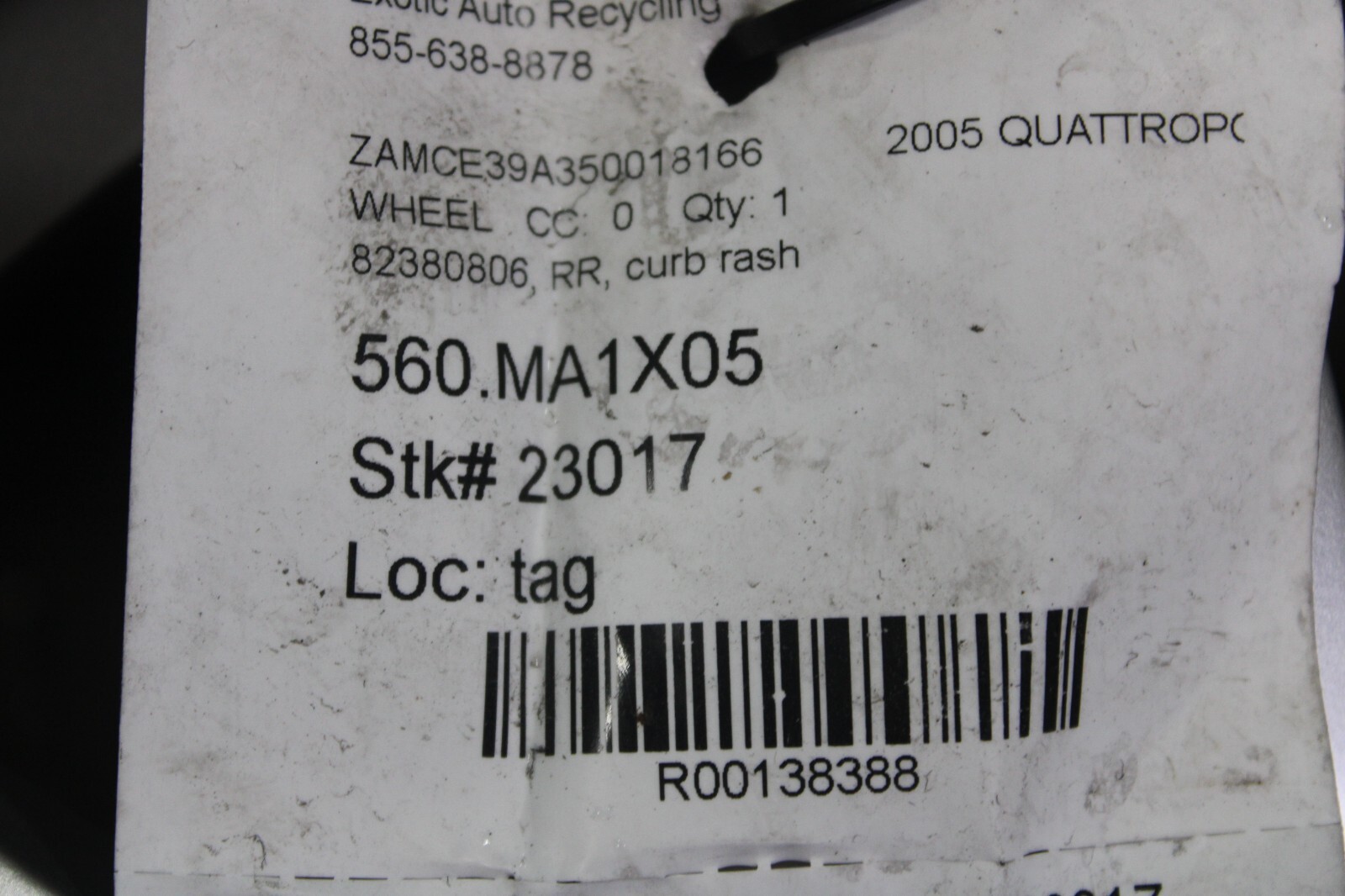 Maserati Quattroporte, Rear Wheel, Curb Rash, Used, P/N 82380806