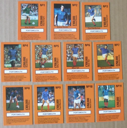 PORTSMOUTH FOOTBALL CARDS by TEAM TACTIX 1986 Trading Cards Set OF 11
