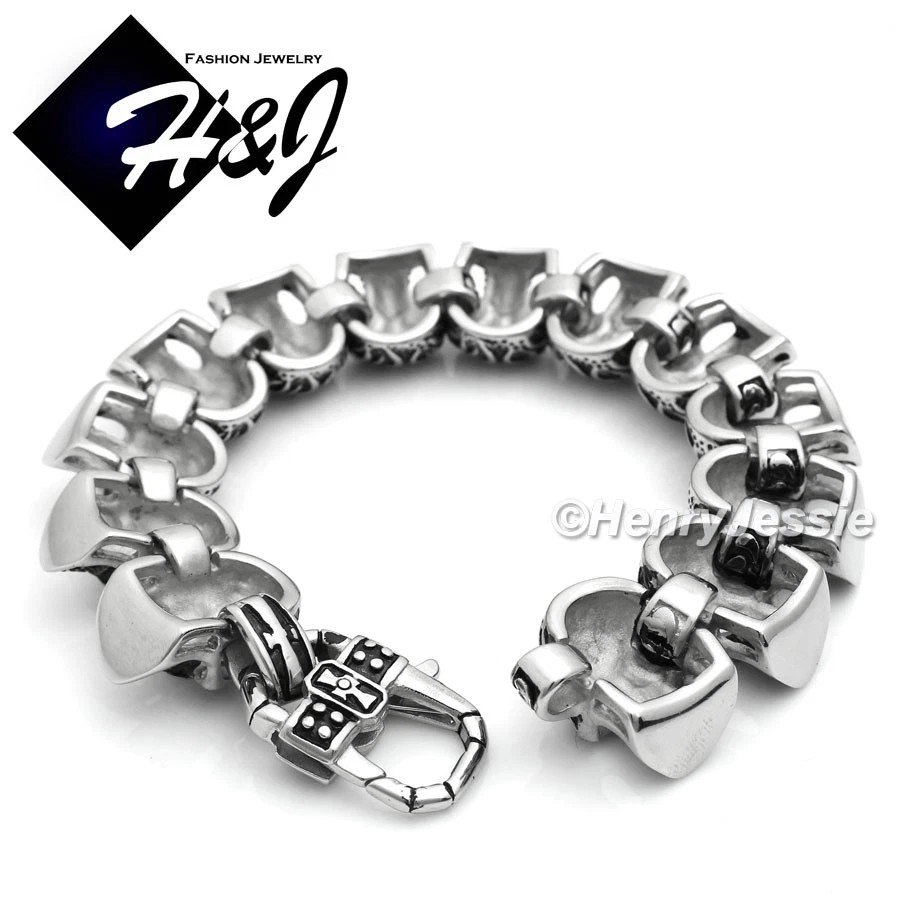 Brazalete Cabezas Cara Calavera 9" Acero Inoxidable PESADO Ojo Rojo Plateado Negro*76 Foto 3 de 4