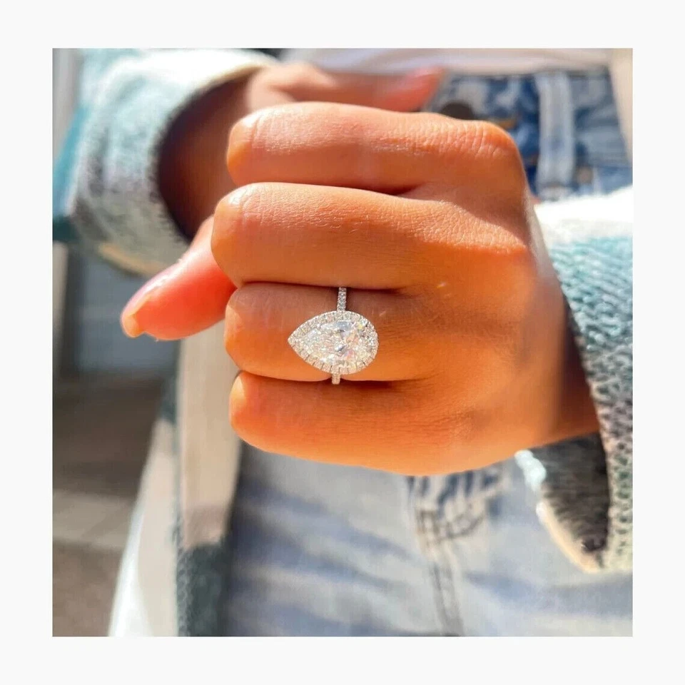 Привлекательный вид 3,86 карат грушевидной огранки выращенный в лаборатории бриллиант/CVD Halo кольцо 14k белое золото - Изображение 3 из 4