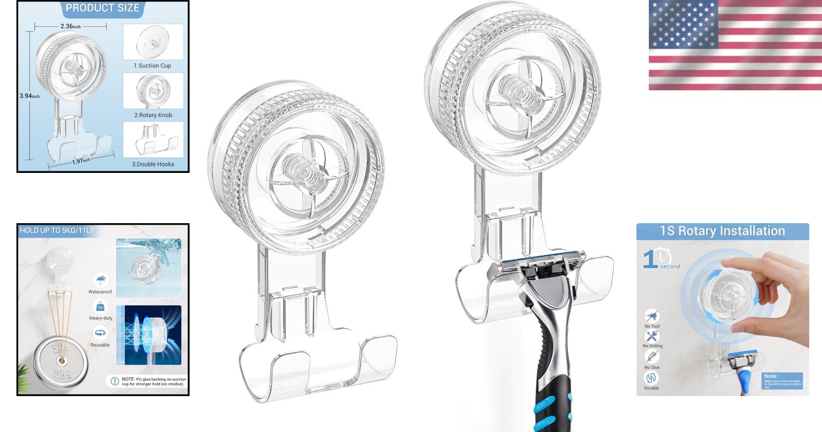 Removable Suction Hooks - 2 Pack Razor Hooks, 11 lbs Capacity, Stylish & Strong