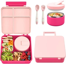 Bento Lunch Box with 8oz Soup Thermo, Kids Leakproof Food Pink