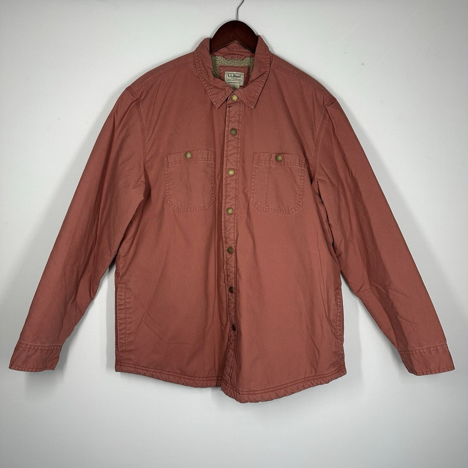 LL Bean Button Up Sherpa Fleece Lined Jacket Chore Winter Coat Large Pink Mens