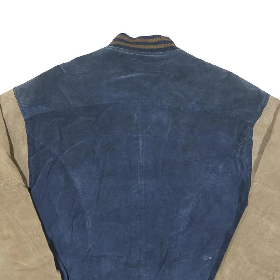 GLOBAL IDENTITY Mens Navy & Tan Leather Bomber L Leather Colourblock Zip Jacket - Image 4 of 4