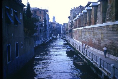 c1960's Kodachrome 35mm Slide, Narrow Canal, Venetian Architecture Italy blue