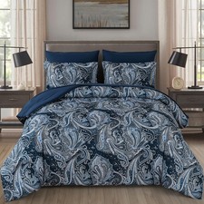 Navy Paisley Comforter Set California King Size 7 Piece Bed in a Bag Boho Pai...