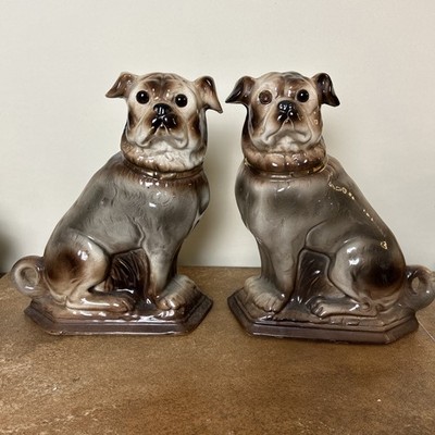 Antique, Pair of Victorian, Staffordshire Pugs, Dogs, Flatbacks, 31cm Tall