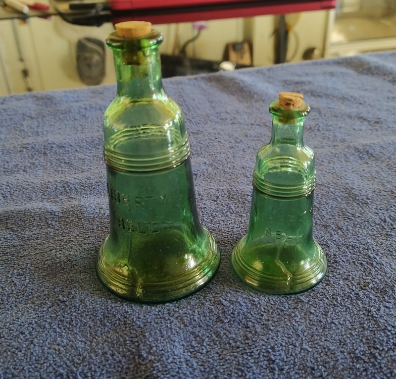 Vintage Wheaton Liberty Bell Green Glass Bottles Bell Shaped Set Of 2