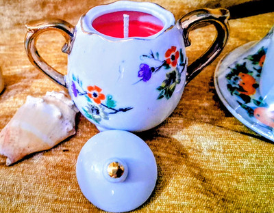 Locally Handcrafted Coco-soy Candle In Porcelain Floral Sugar Bowl with Lid