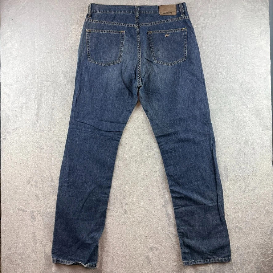 Jeans masculino Lacoste 34x34 azul linho mistura botão mosca lavagem escura denim - Imagem 4 de 4