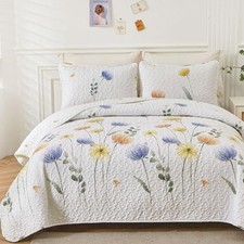 Floral Quilt Set Colorful Flower Bedspreads with 2 Queen Blue and Yellow