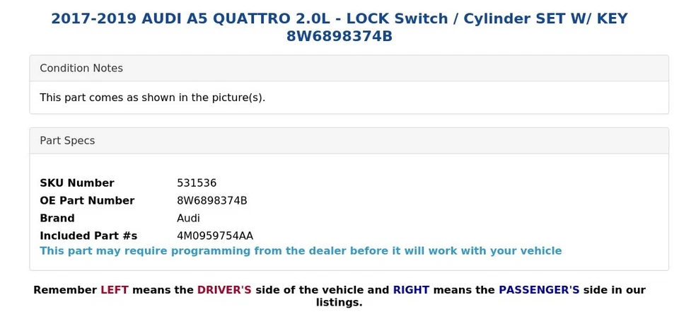 2017-2019 AUDI A5 QUATTRO 2.0L - LOCK Switch / Cylinder SET W/ KEY 8W6898374B - Image 4 of 4