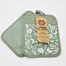 Bakers Choice Set of 2 Premium Cotton and Silicone Pot Holder Floral Green 7x9in
