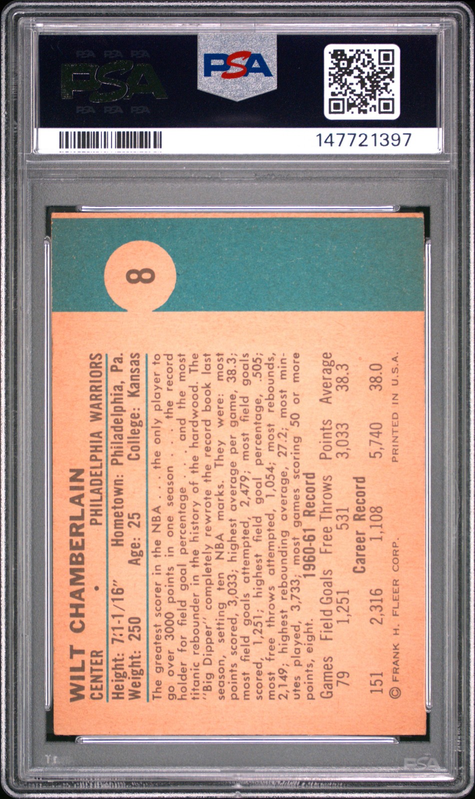 1961 FLEER #8 WILT CHAMBERLAIN ROOKIE RC PSA 4 view 2