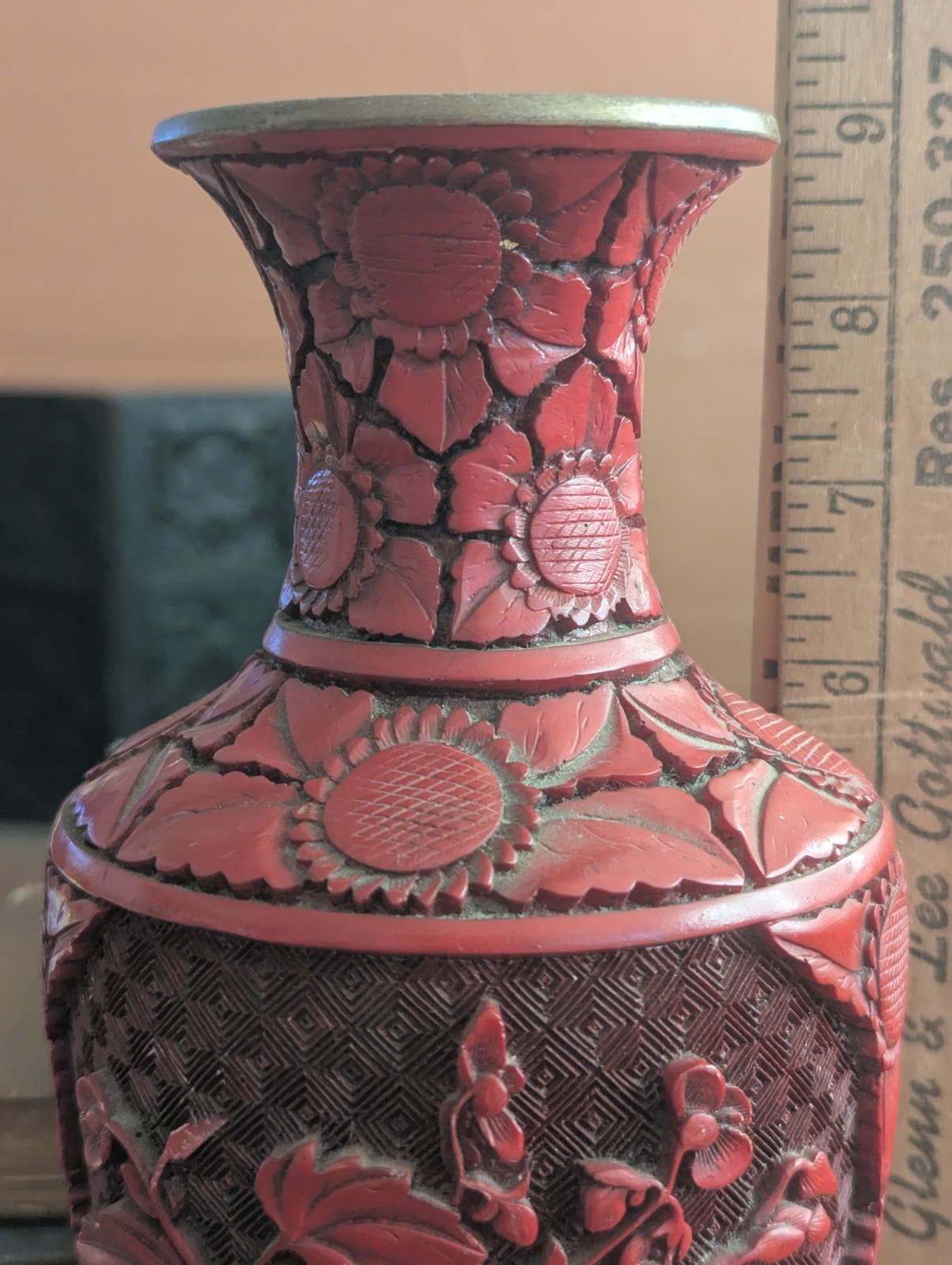 Vtg Floral Cinnabar Vase Scenic Panel Art 9 in Chinoiserie Decor Brass Interior