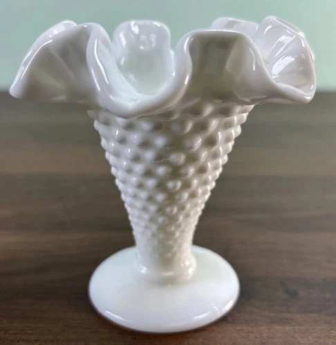 Vintage Fenton Hobnail Milkglass Fluted Vase With Ruffled Edge 4” Double Crimp