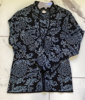 Peruvian Connection Cotton Blue Black Scroll Print Open Front Cardigan Small 