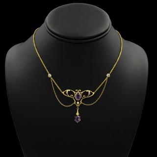 Art Nouveau 14k Gold Amethyst Pearls Enamel Pendant Festoon Necklace #ET27 5