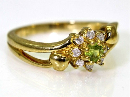 Quality Peridot & Diamond Cluster 9ct Yellow Gold Vine Leaf ring N ~ 6 3/4 - Picture 2 of 8