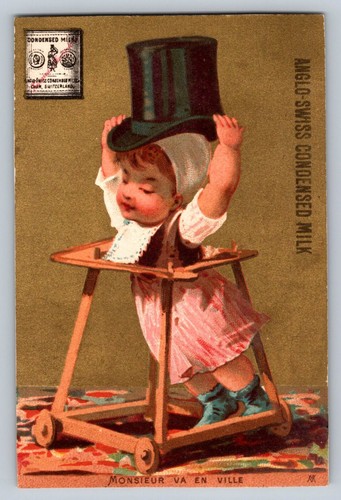 1890s Victorian Trade Card Anglo Swiss Condensed Milk Baby Putting on a Top Hat - Bild 1 von 2