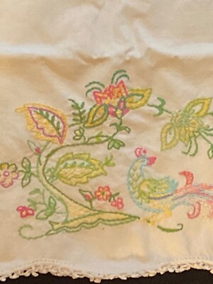 1  Vintage White Embroidered 21''x28'' Pillowcase Colorful Floral Bird Design