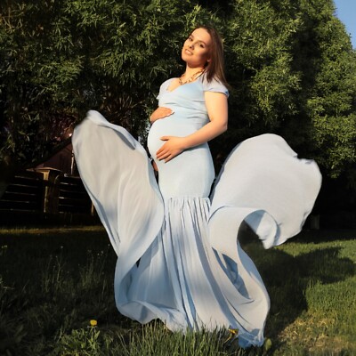 Blue Maternity Dress Photo Shoot Gown Off Shoulder Photography Maxi Long  M-L-XL | eBay