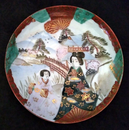 Vtg Hand Painted Kutani Saucer Plate Geisha Signed Transparent Antique Porcelain