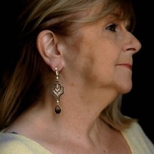 Orecchini Clip Dorato Alloro Cz Lungo Goccia Nero Marrone Art Deco QD33