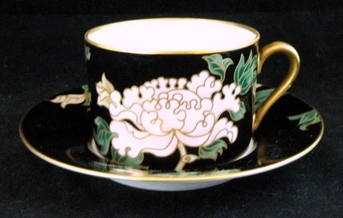 Fitz and Floyd Cloisonne Peony Black Cup and Saucer Set