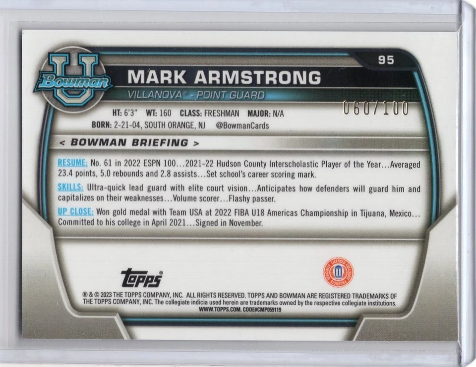 2022-23 Bowman Chrome University RayWave Refractor Mark Armstrong RC 60/100 - Image 2 of 2