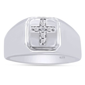 Authentic 1/20 Ct Real Diamond Cross Men's Wedding Band Ring 14K White Gold Plated Silver