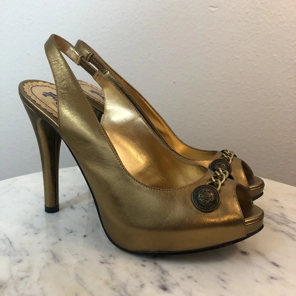 Hale Bob Size 7.5 Gold Slingback Pumps Special Occasion Shoes Heels Peep Toe M1