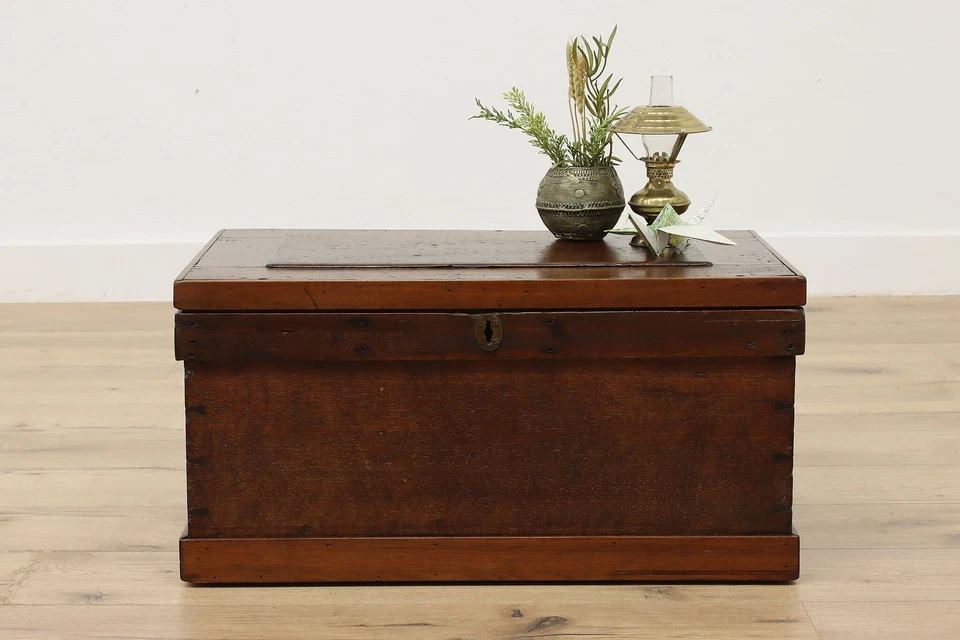 Antiguo cofre o baúl de herramientas de nogal y hierro de granja #49951 Foto 2 de 4