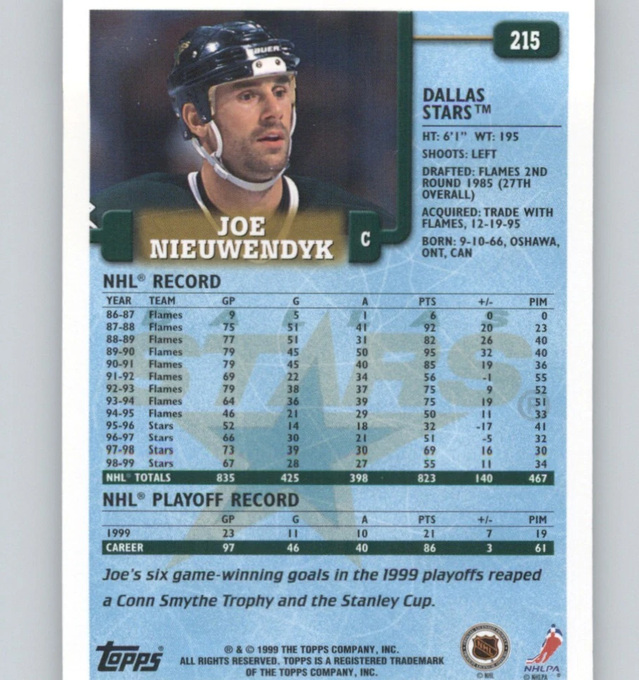1999-00 Topps #215 Joe Nieuwendyk - Image 2 of 2