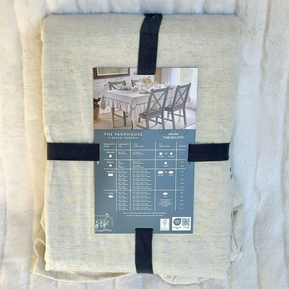 Rachel Ashwell Farmhouse Oblong Tablecloth 60 x 120 Ruffle Cotton Linen Rustic - Image 4 of 4