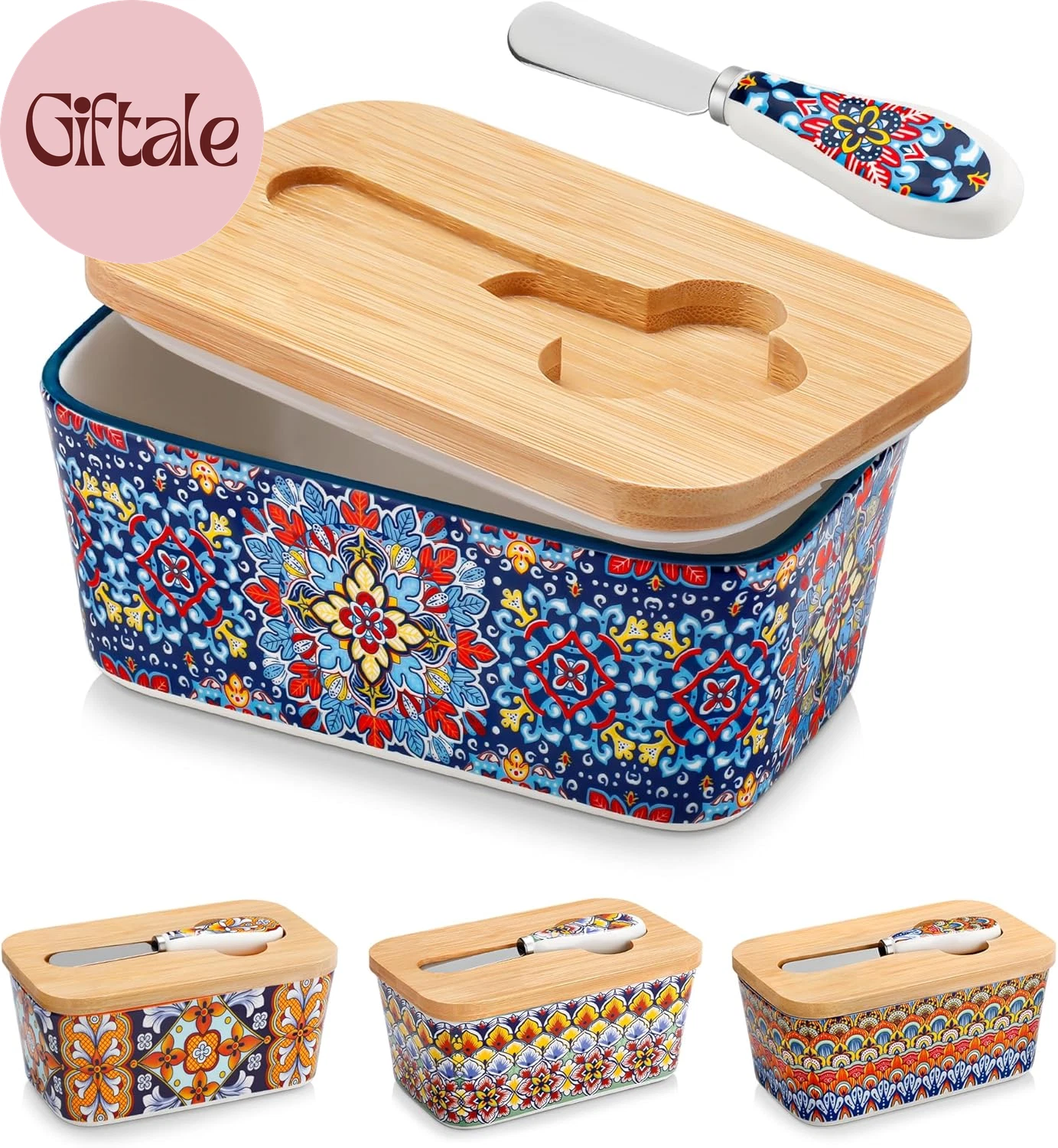 SIMI Butter Dish with Lid, 6.5" Large Butter Dish for Countertop, Bohemian Ceram
