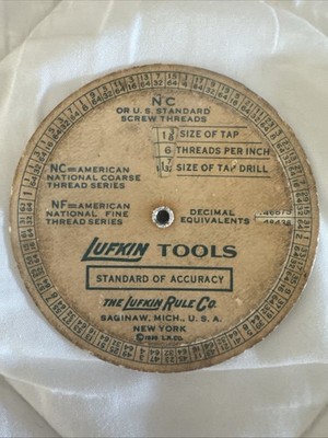 Vintage 1935 Lufkin Tools Wheel Chart Calculator Screw Threads Tap Drill Sizes