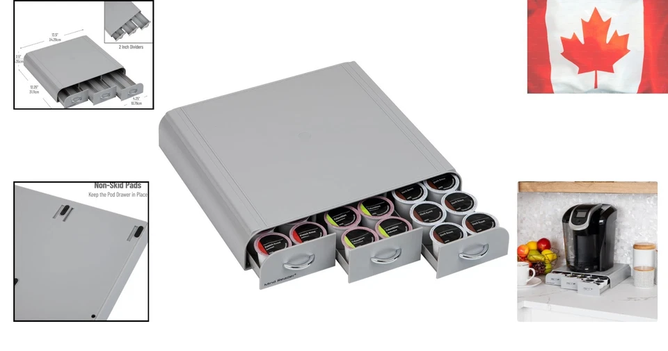Elegant 36-Pod Capacity Coffee Pod Organizer with 3 Drawers - Gray Finish Foto 2 de 4