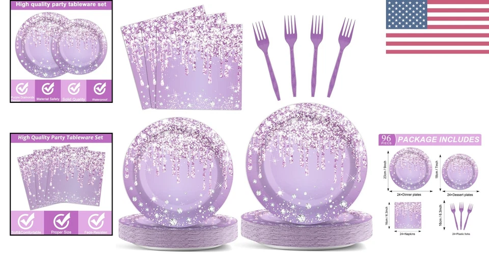 Juego de fiesta de 96 piezas púrpura y plata de alta calidad - 24 invitados cumpleaños y baby shower Foto 2 de 4