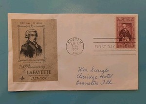 First Day Cover 200th Ann Lafayette 1957 - Still Sealed - Contents Unknown 