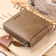 Men  s Genuine Leather Zip Around Wallet RFID Card Holder Brown Bifold