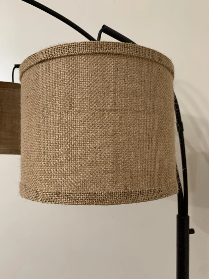 80 Inch Tall Hampton Bay Arched Floor Lamp With Burlap Drum Shades 3 Arc Lights - Image 4 of 4