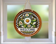 Aluminum Door Sign Daisy Welcome Floral Wreath UV Protected Outdoor