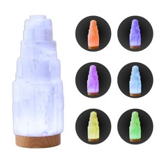 Selenite Tower Lamp, 7 Colors, Wooden LED Base, Cleansing  Crystal Decor Gift