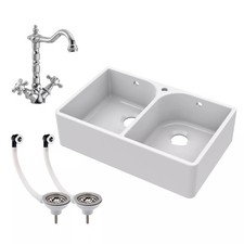 Traditional Fireclay Double Bowl Butler Kitchen Sink with Tap Hole, Weir & Waste