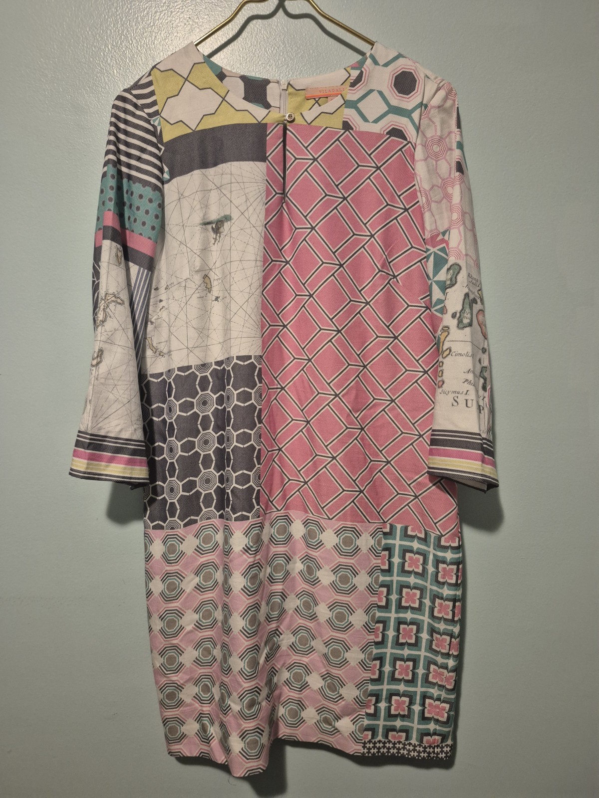 Vilagallo Patchwork Pink Gray Map Shift Dress Wom… - image 1