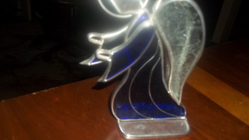 Decorative Stained Glass And Metal Angel With Shades Of Blue & Clear Glass 10.5”