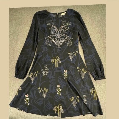 Ann Taylor LOFT Floral Dress Long Sleeve Blue Black Sz 4 Business Work Event
