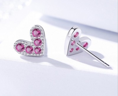 Rhodium over Sterling Silver Red Heart Cubic Zirconia Stud Earrings Gift Box K4A