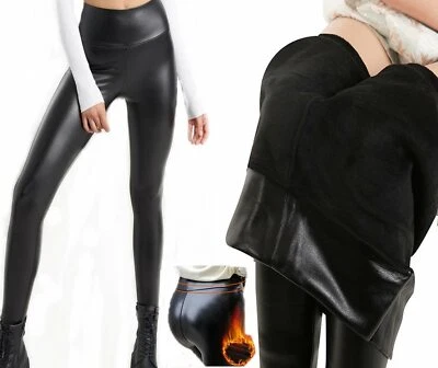 Damen Thermo Leder Optik Leggings Schwarz Matt Warm Winter Gefüttert Legins Hose - Bild 1 von 4